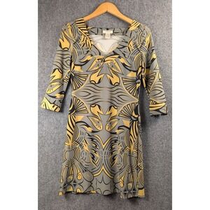 Vertigo Paris Women's Abstract Floral Print Stretch Tunic Dress Gray Yellow Size